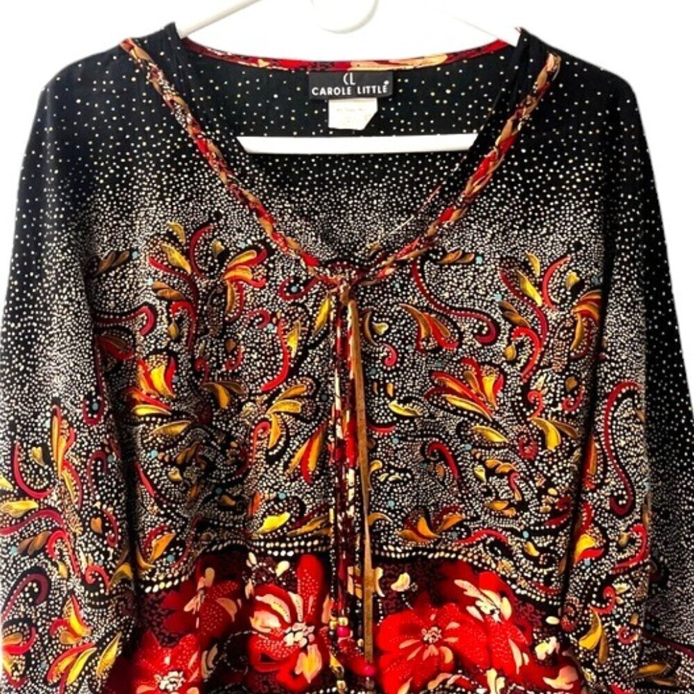 Carol Little Women's Red & Gold Floral Print Blouse 3/4 Sleeve Size 10
